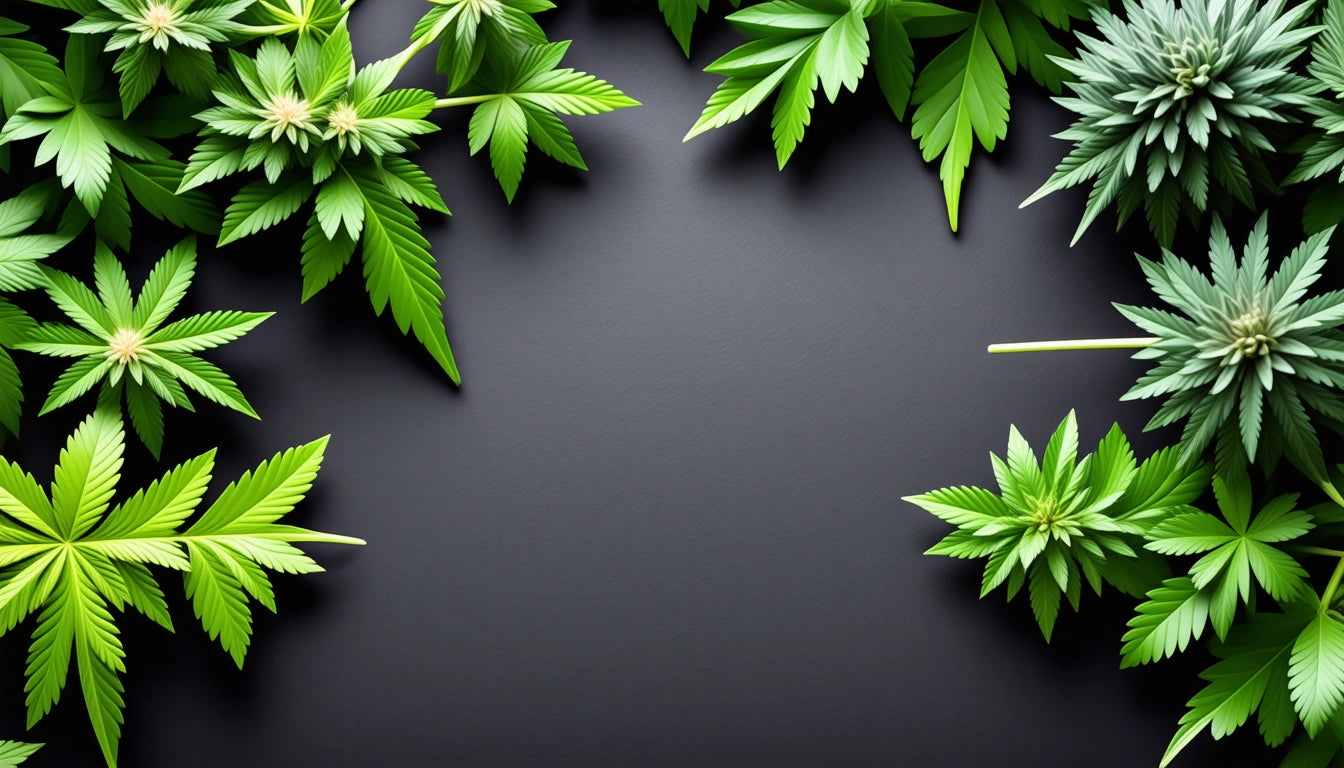 Green leaves with serrated edges arranged around a dark, smooth background, creating a border effect