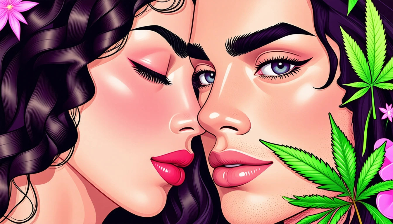 Two illustrated faces close together, one with closed eyes and red lips, surrounded by purple flowers and green leaves