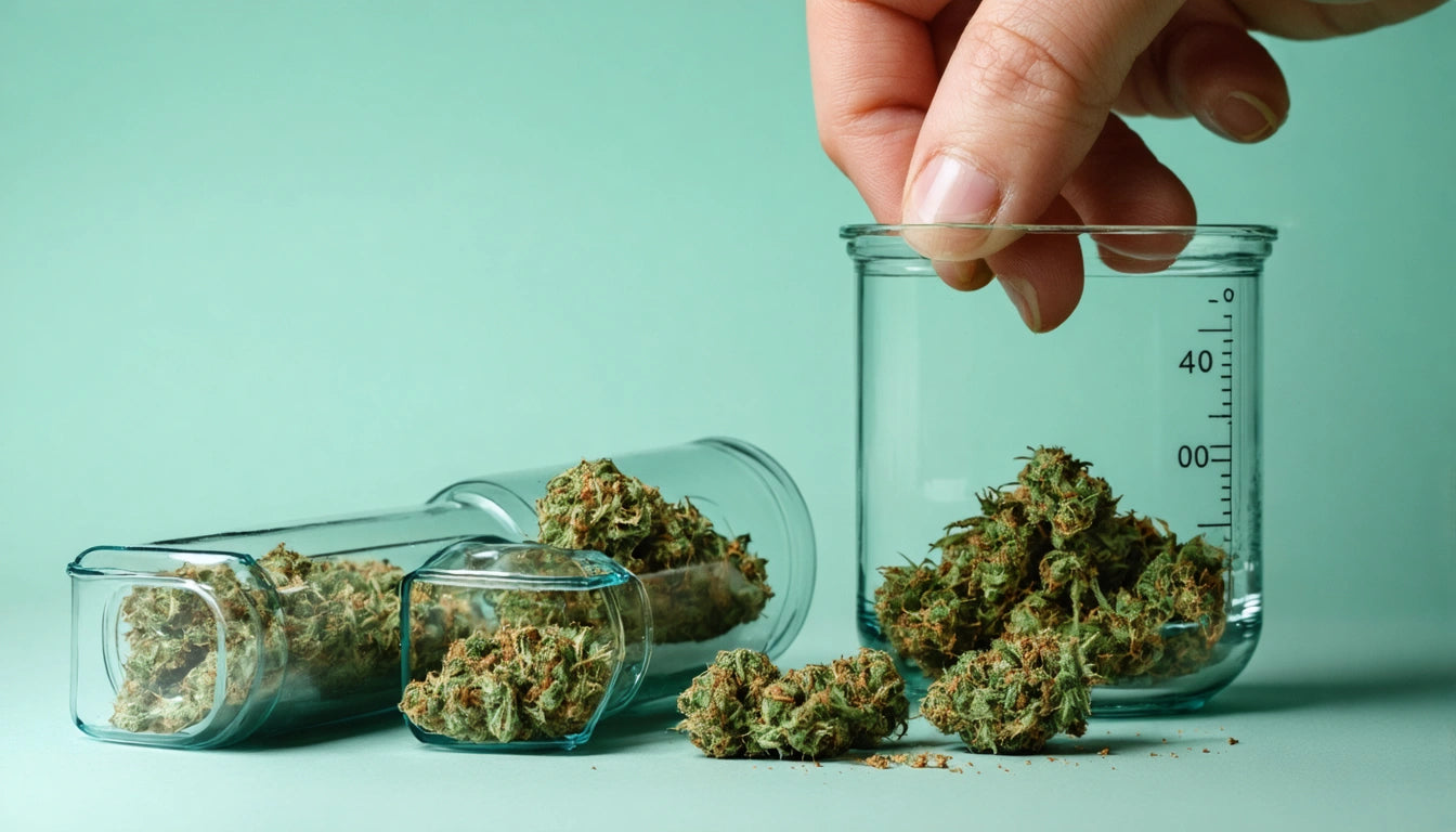 Hand placing cannabis buds into a glass jar on a light green surface, with more buds in two other jars nearby