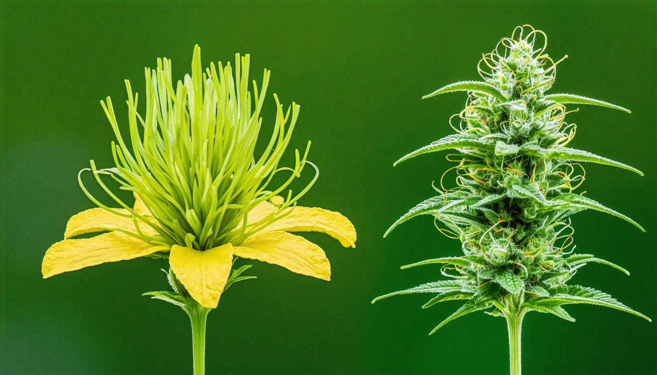 Two plants on green background; left has yellow petals and long green stamens, right has dense green buds with fine hairs