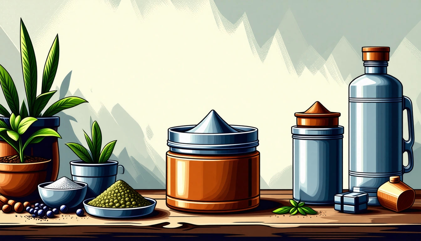 Potted plants, jars with lids, a plate of green powder, and a metal bottle on a wooden surface
