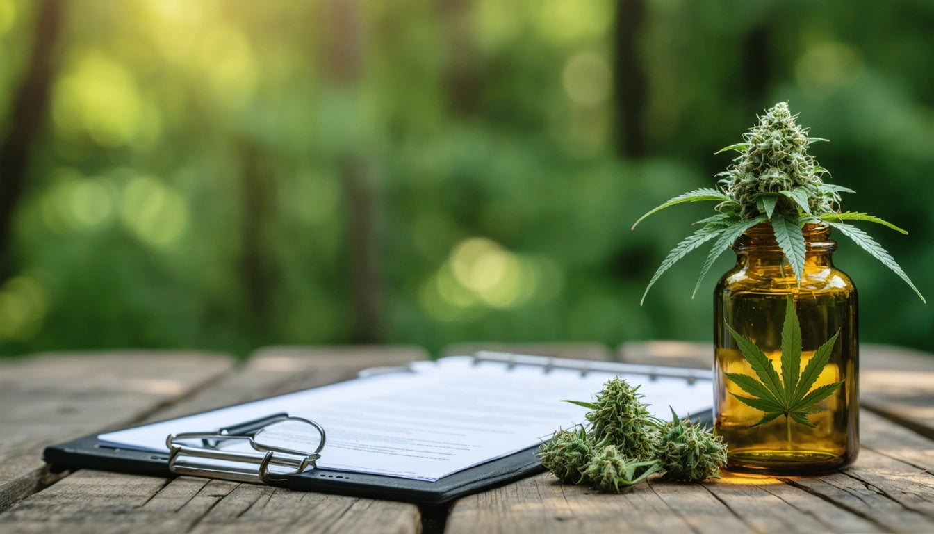 Brown glass jar with cannabis buds and leaves, clipboard with paper and pen on wooden table, blurred green foliage background