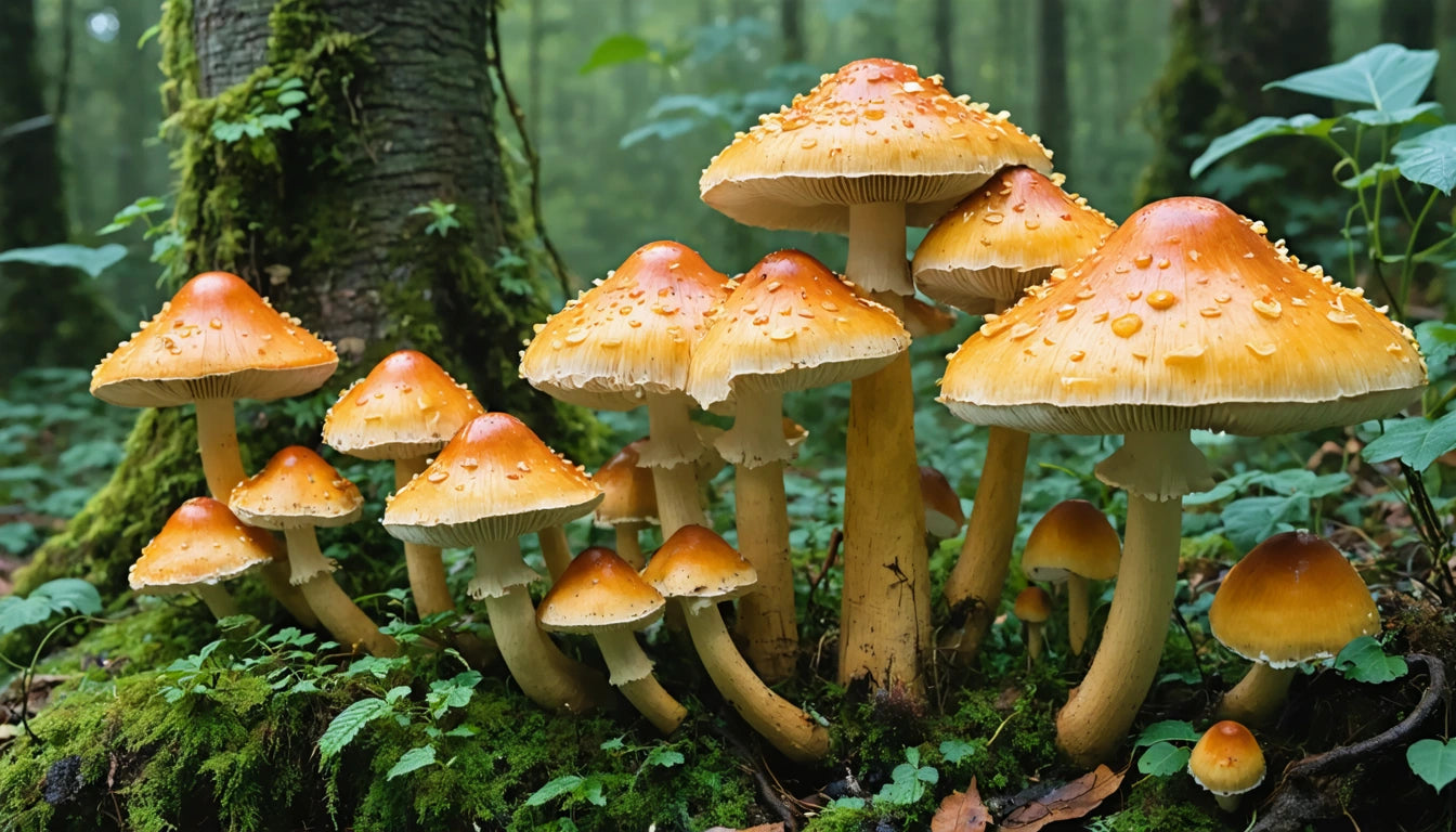 Cluster of orange mushrooms with white stems growing on mossy forest floor, surrounded by green foliage and tree trunk
