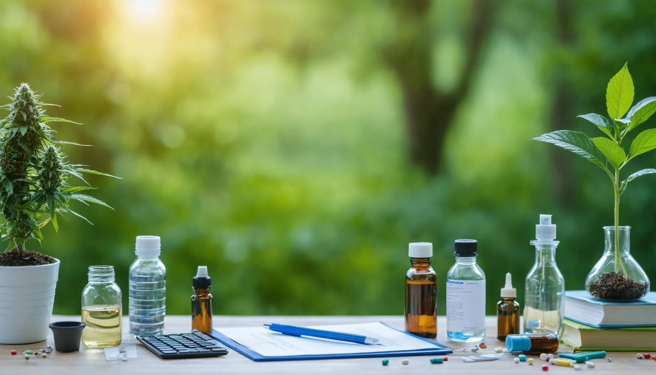 Potted plant, various bottles, calculator, clipboard with papers, and scattered pills on a table with blurred green background