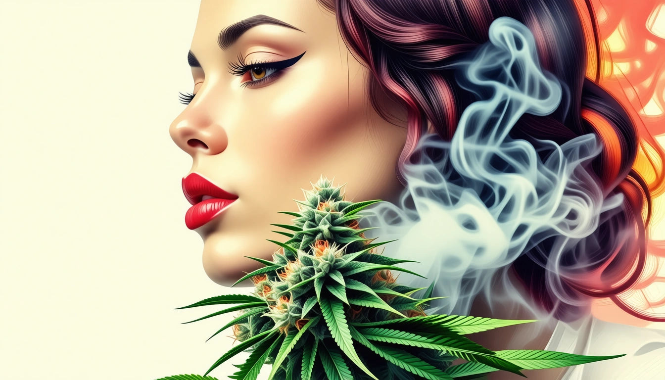 Woman with red lips and winged eyeliner, surrounded by swirling smoke and cannabis plant with green leaves and buds
