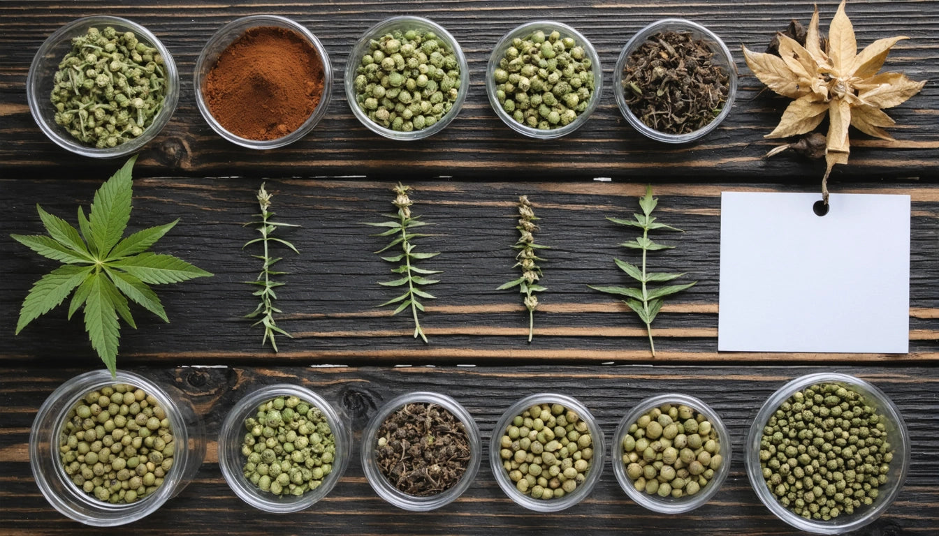 Various herbs and spices in small bowls, a green leaf, dried plant stems, and a blank white card on a dark wooden surface