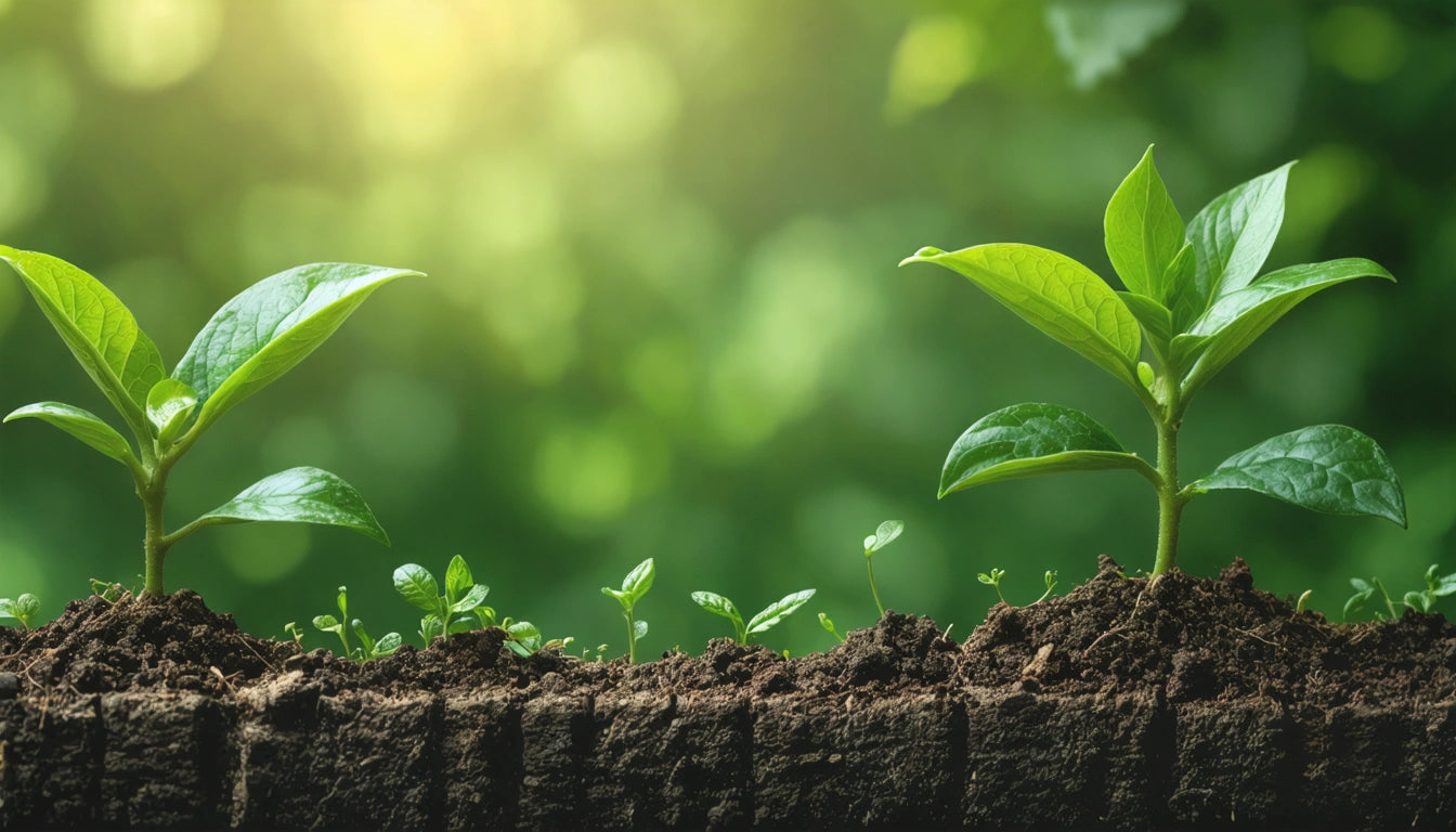 Two small green plants growing in soil with blurred green foliage and sunlight in the background