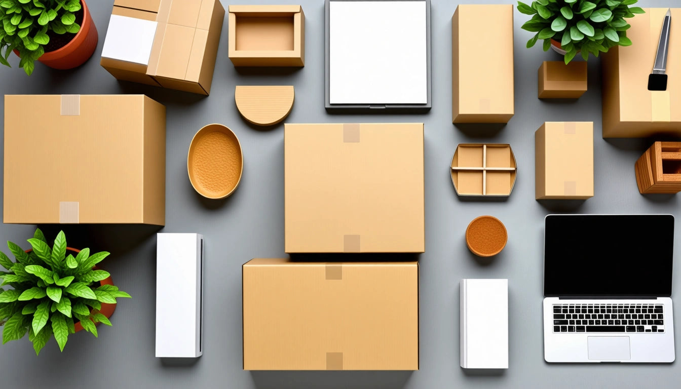 Various cardboard boxes and containers arranged on a gray surface, with a laptop, two potted plants, and a paintbrush nearby