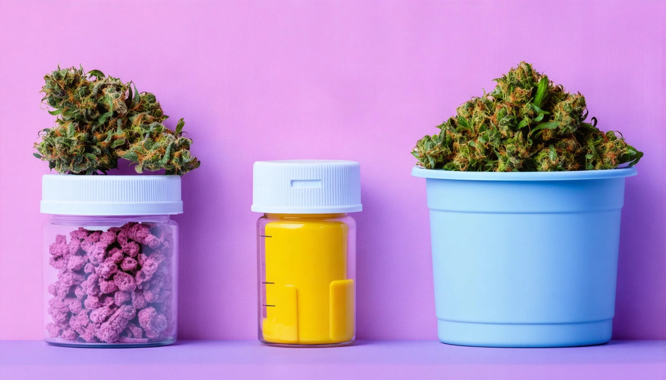 Three containers against a pink background: jar with pink nuggets, yellow bottle, and blue pot with green buds