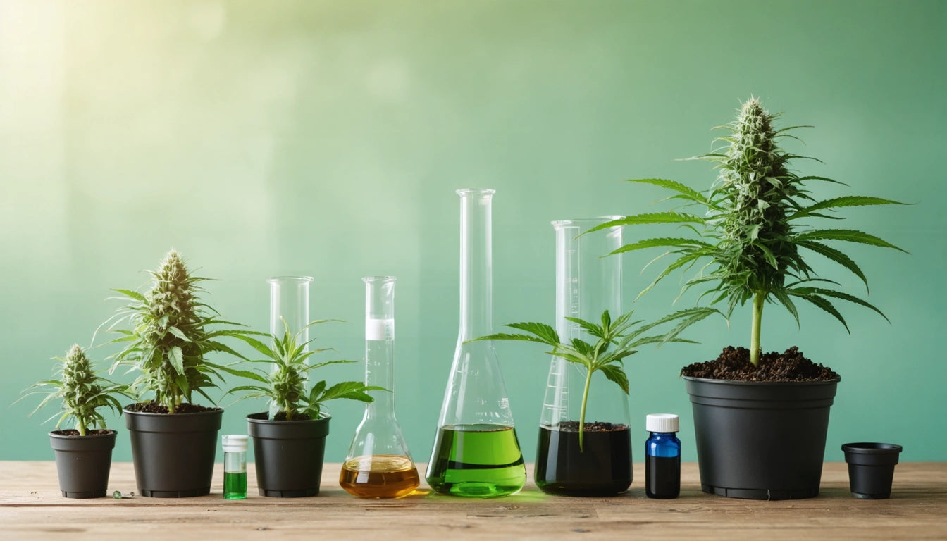 Potted plants and glass beakers with green liquid on wooden table against a green background