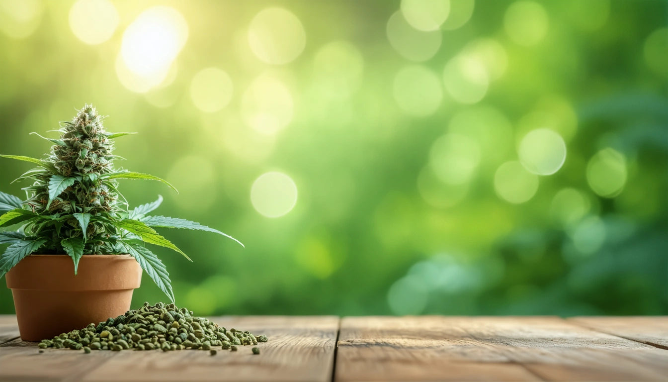 Potted plant with green leaves and buds next to a pile of seeds on a wooden surface, blurred green bokeh background