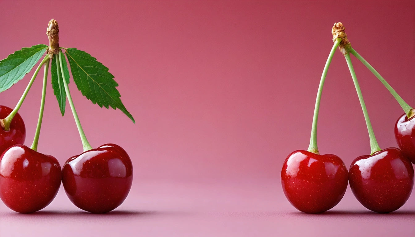 Four glossy red cherries on a pink surface, two with a green leaf, and two with long stems