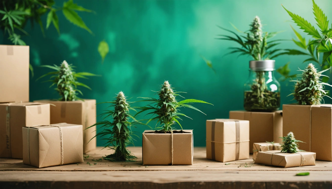 Small plants in pots surrounded by wrapped boxes on a wooden table, with a green blurred background