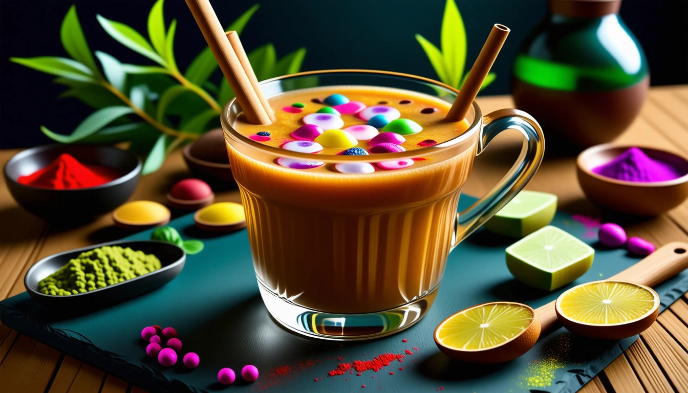 Glass mug filled with brown liquid, colorful candies, and two straws, surrounded by lime slices, powders, and leaves on a table