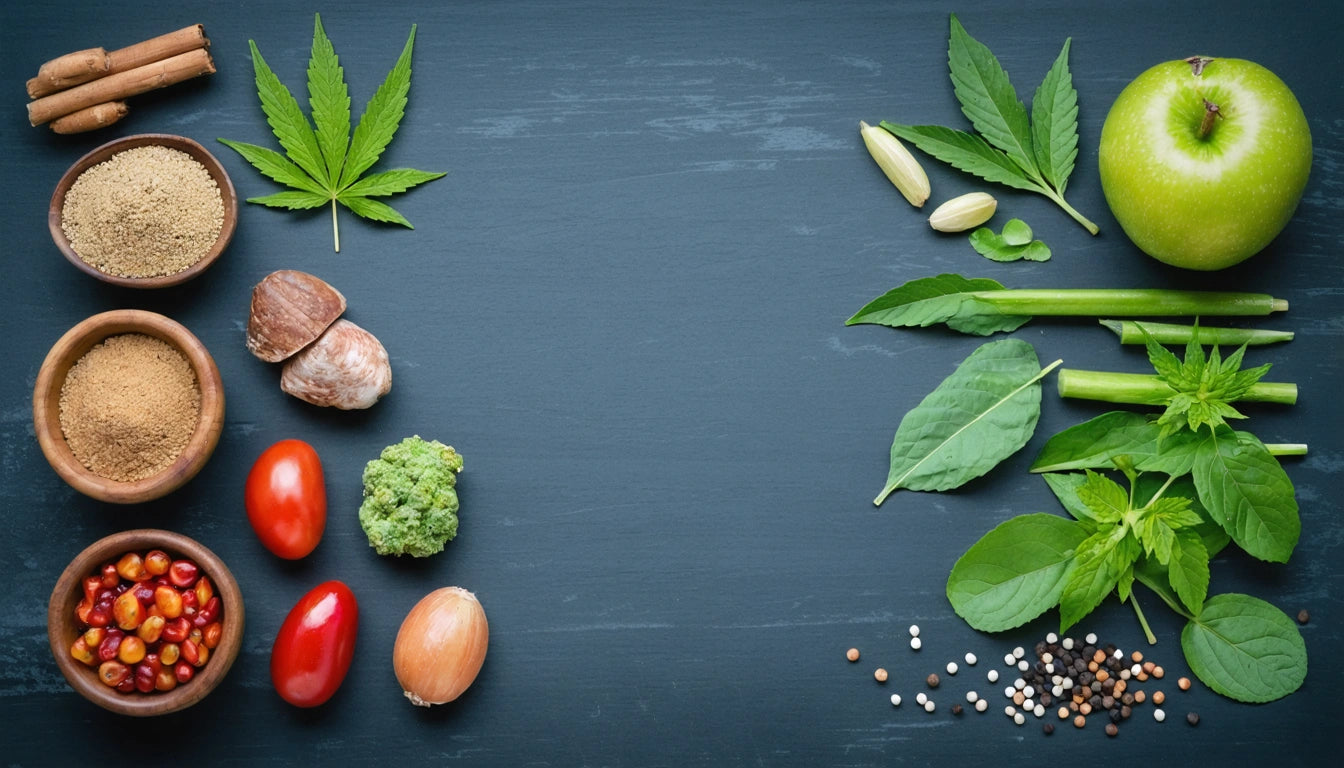 Various vegetables, spices, and leaves arranged on a dark surface, including tomatoes, broccoli, apple, and nuts