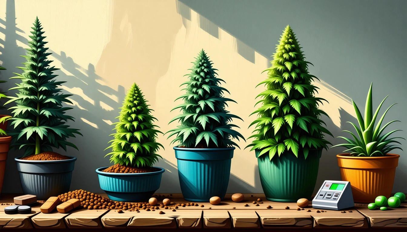 Five potted plants on a wooden table, with varied pot colors and sizes, sunlight casting shadows on a beige wall