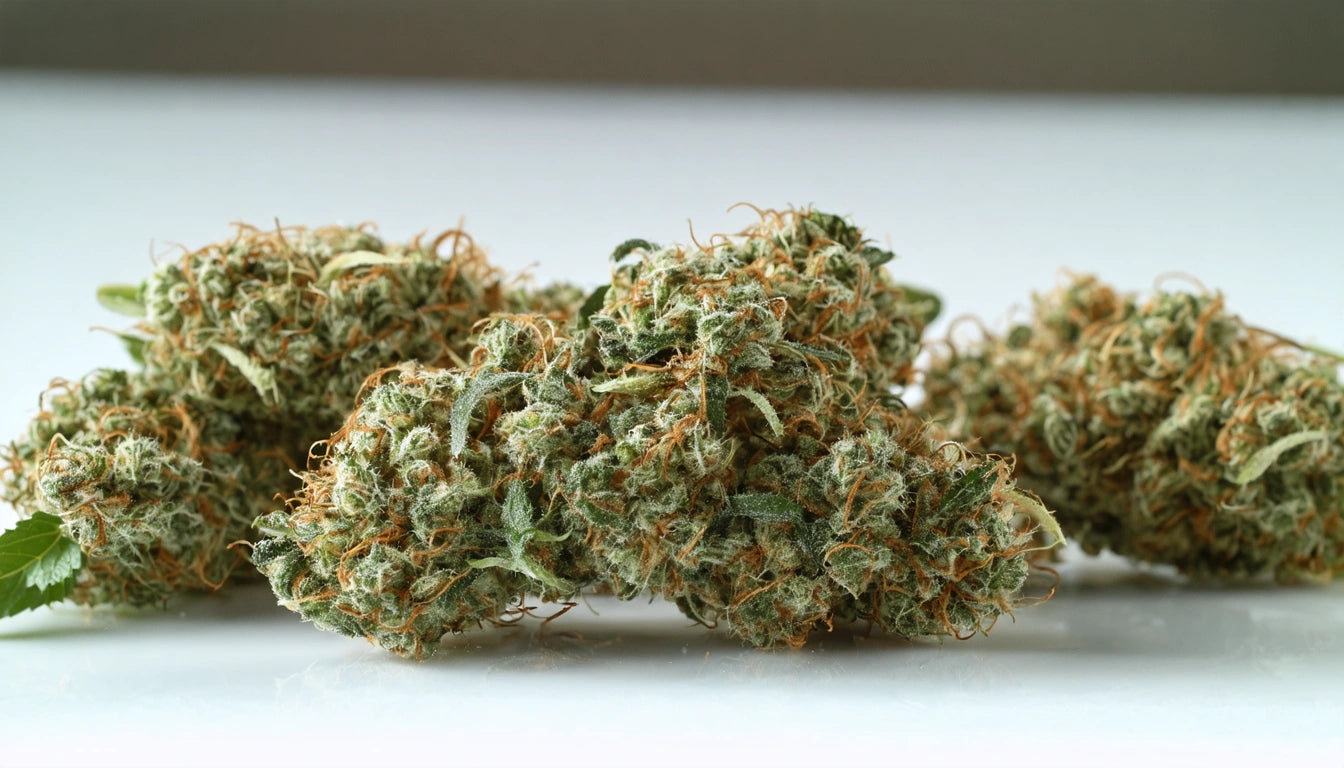 Dried green and orange plant buds with fuzzy texture on a white surface