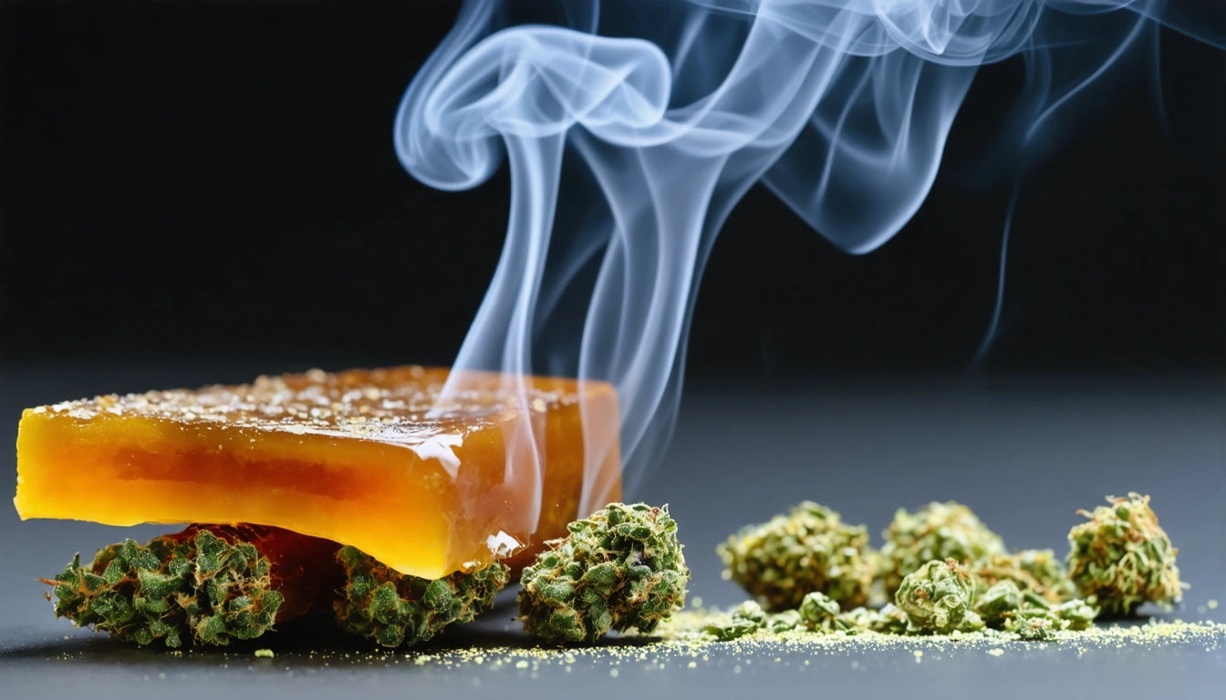 Amber-colored block emitting smoke, resting on green, textured clusters against a dark background