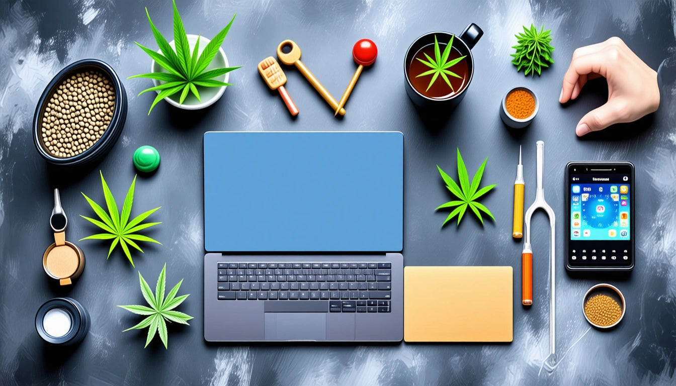 Laptop on gray surface surrounded by potted plants, smartphone, coffee cup, and various small objects, including a hand reaching