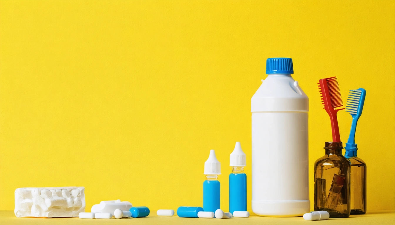 White bottle, blue cap; blue and white pill bottles; scattered pills; two toothbrushes in brown glass jar; yellow background