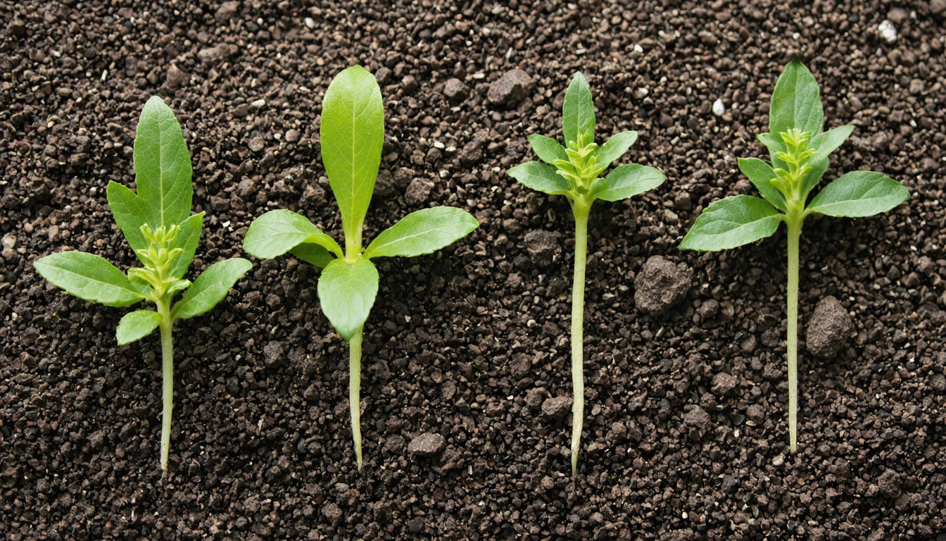 Four small green seedlings sprouting from dark, textured soil