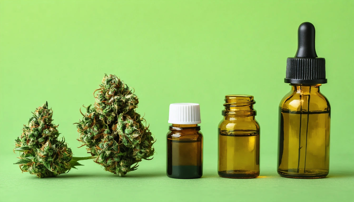 Cannabis bud next to three amber glass bottles with white and black caps against a green background