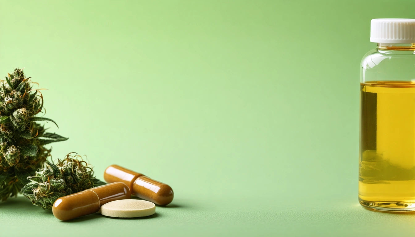 Brown capsules, a round white tablet, and green plant buds on left; clear bottle with yellow liquid on right; green background