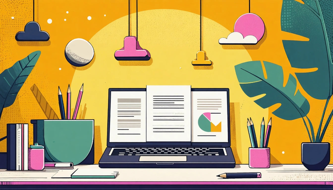 Laptop displaying documents, surrounded by plants, pencils, and hanging lamps against a bright yellow background