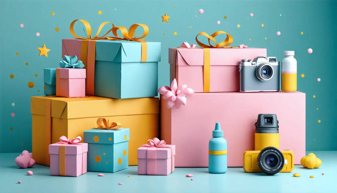 Colorful gift boxes with bows, a camera, and bottles on a blue surface. Confetti and stars scattered around