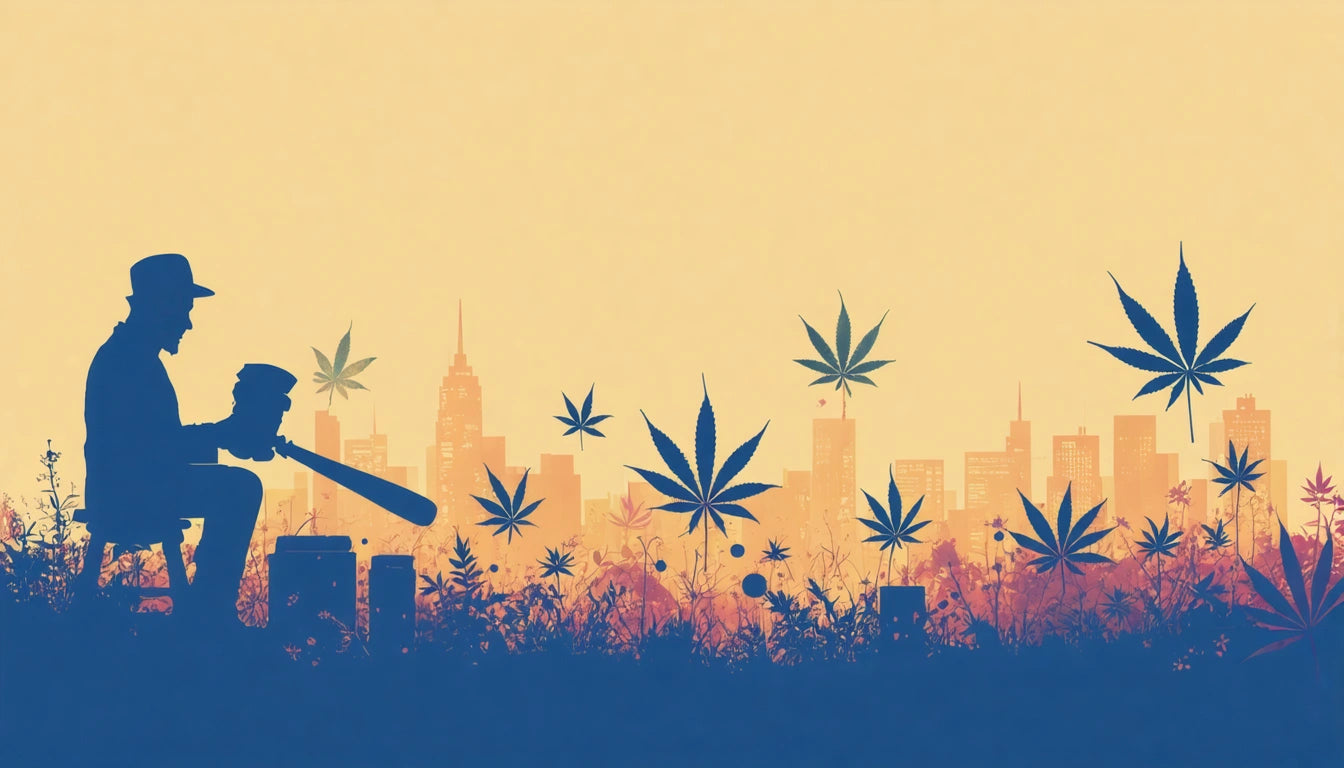 Silhouette of a person with a bat, city skyline, large leaves, and plants against a yellow-orange background