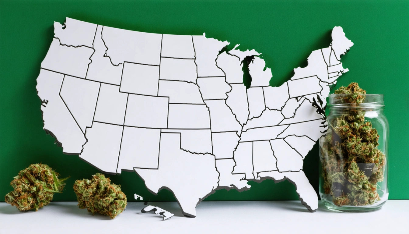 White map of the United States on green background, glass jar with green plant buds on the right, more buds on the left