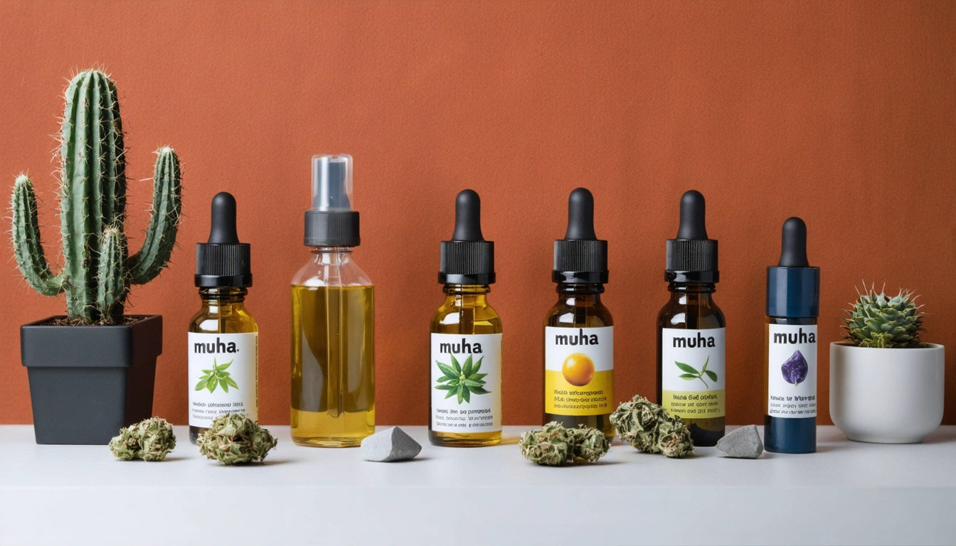 Six dropper bottles with labels, a spray bottle, two small potted cacti, and scattered rocks on a white surface against an orange background