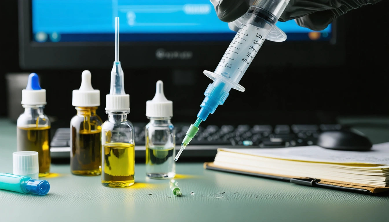 Gloved hand holding syringe above glass bottles with droppers, keyboard and monitor in background