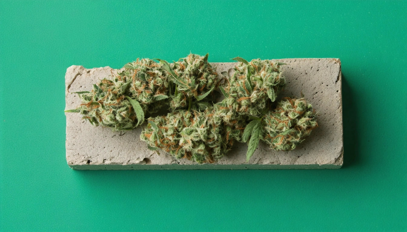 Green plant buds with orange hairs on a rectangular concrete slab against a teal background