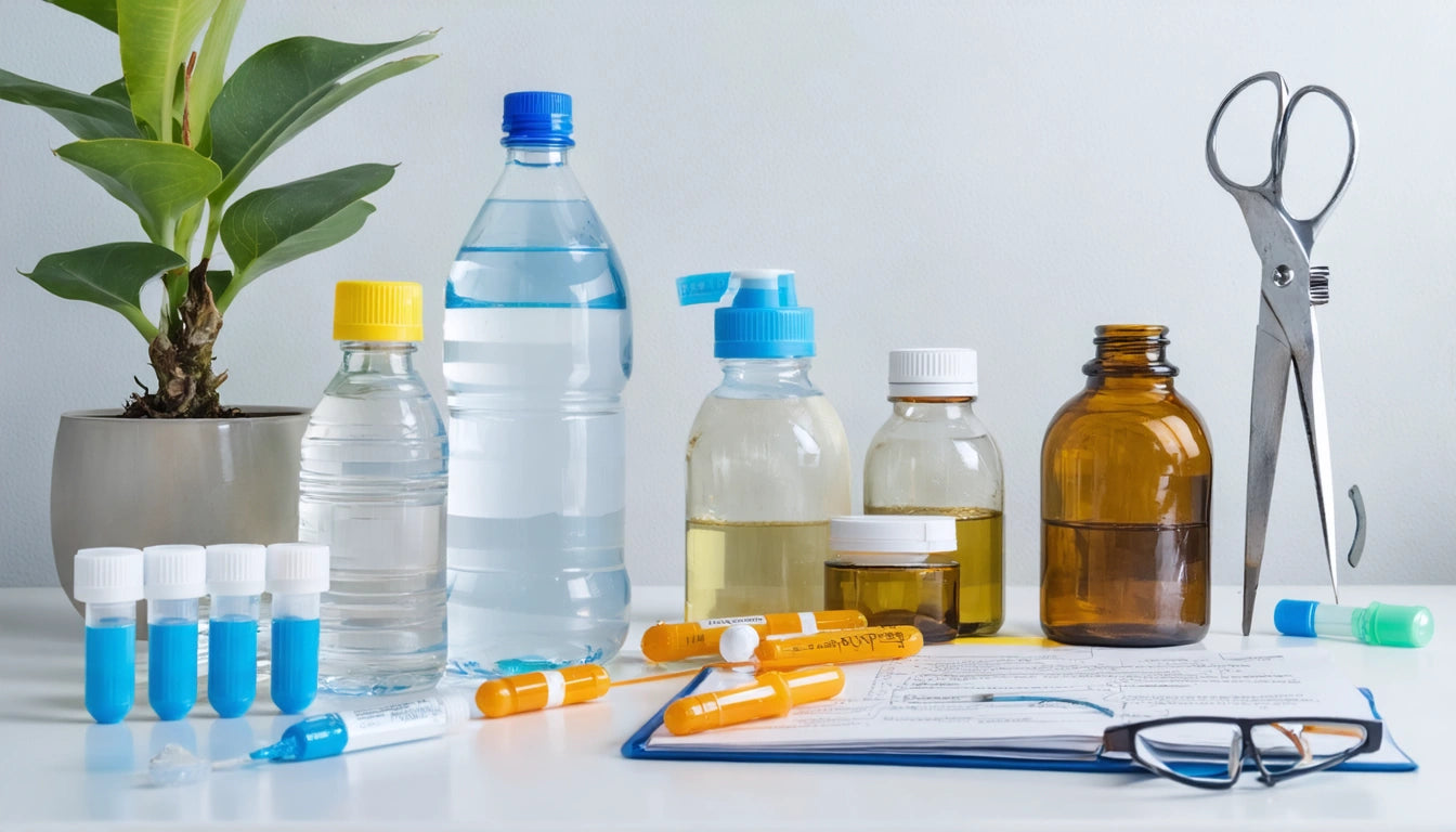 Potted plant, various bottles, test tubes, scissors, clipboard with papers, and eyeglasses on a white surface