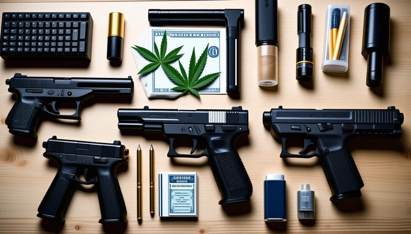 Three black handguns, two cannabis leaves, bullets, vape pens, and various containers on a wooden surface