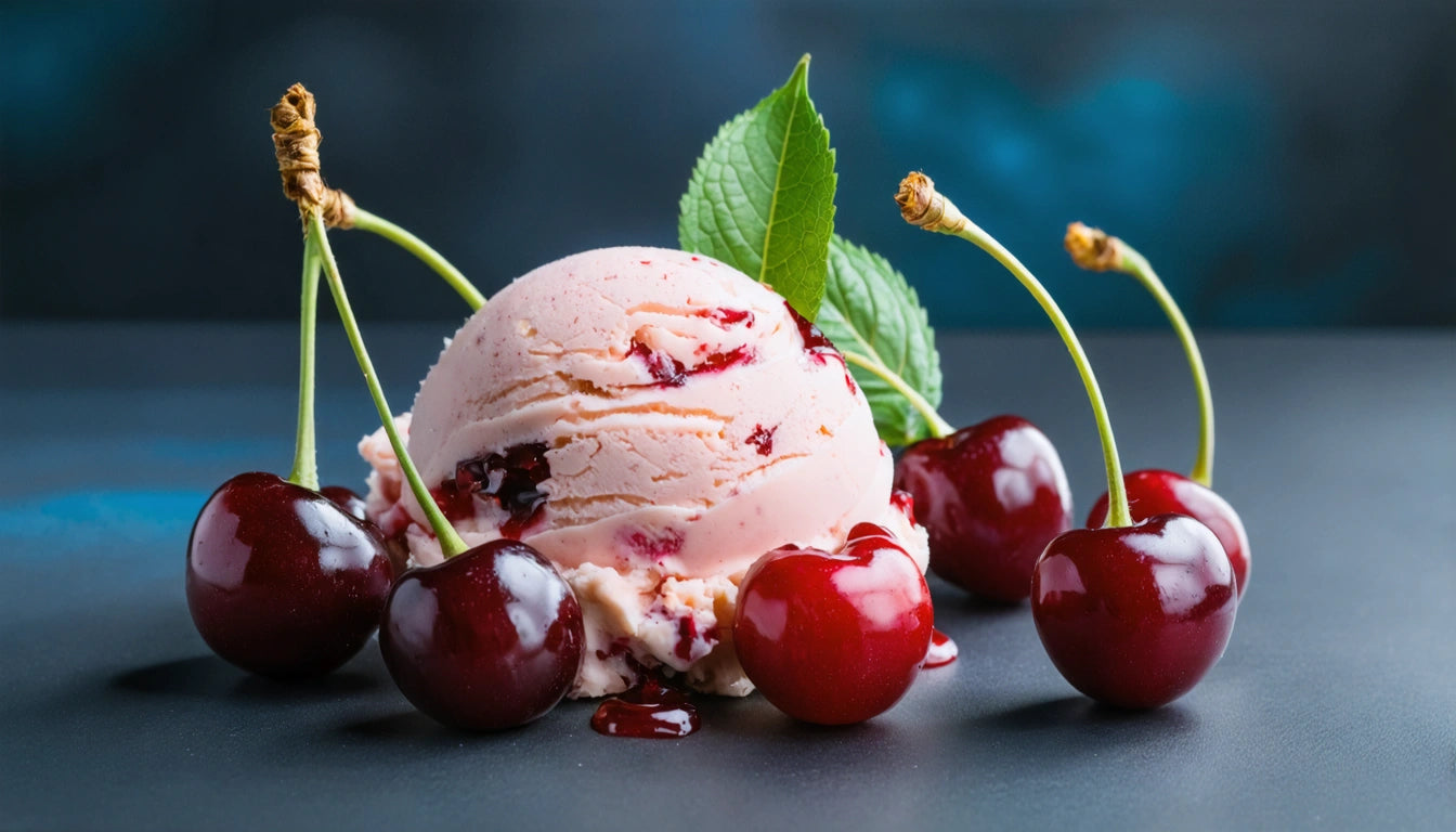 Scoop of pink ice cream with cherry bits, surrounded by fresh cherries and green leaves on a dark surface