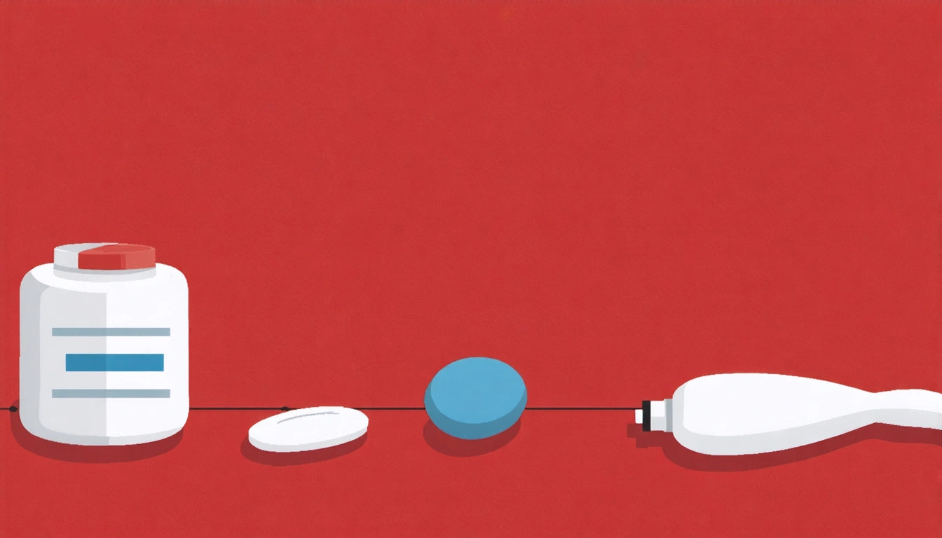 White pill bottle, two pills, and a tube arranged in a line on a red background