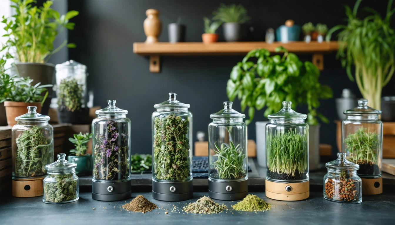Glass jars with herbs and plants on a dark table, wooden shelves with potted plants in the background