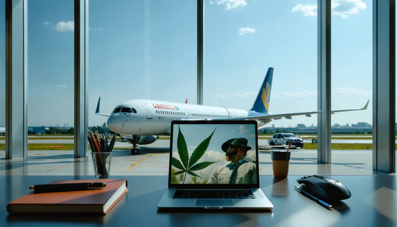 Laptop on desk showing leaf and person in headset, airplane outside large window, notebooks, pen holder, and coffee cup nearby