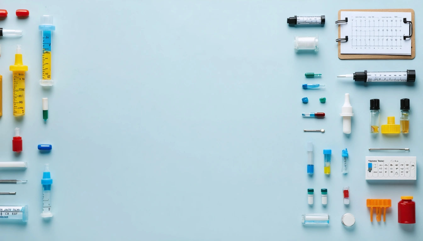 Syringes, vials, and medical supplies arranged neatly on the right side of a light blue surface, with a clipboard at the top