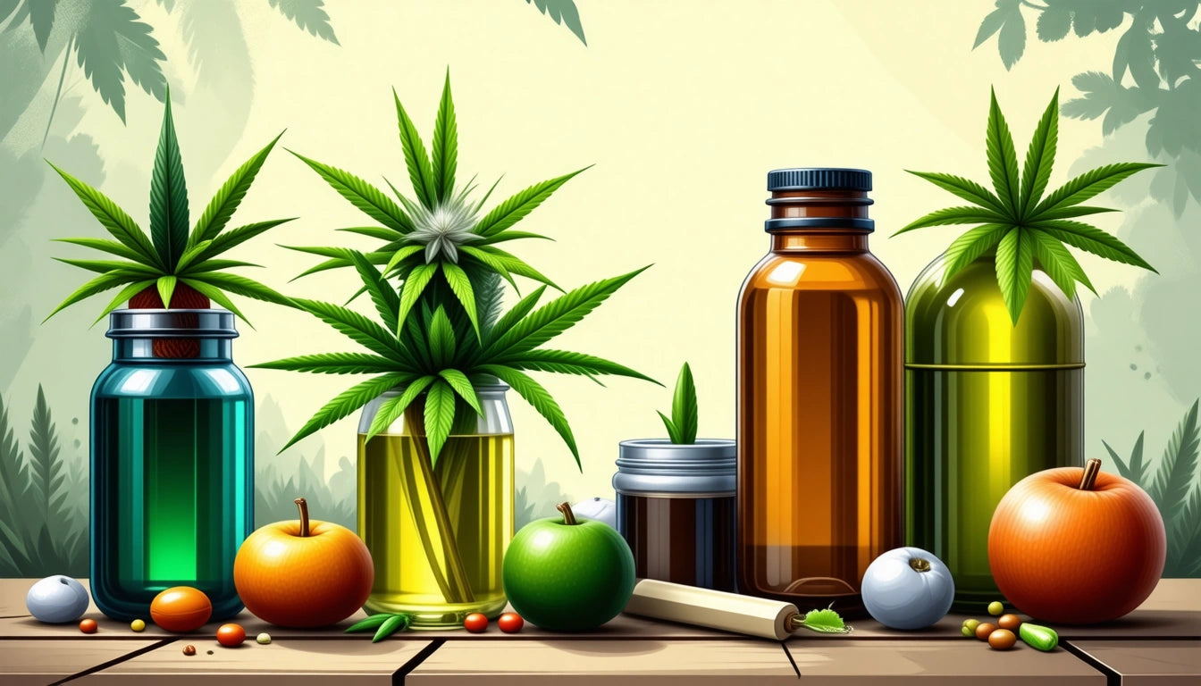 Glass bottles with cannabis leaves, apples, and small berries on a wooden surface, with a leafy background