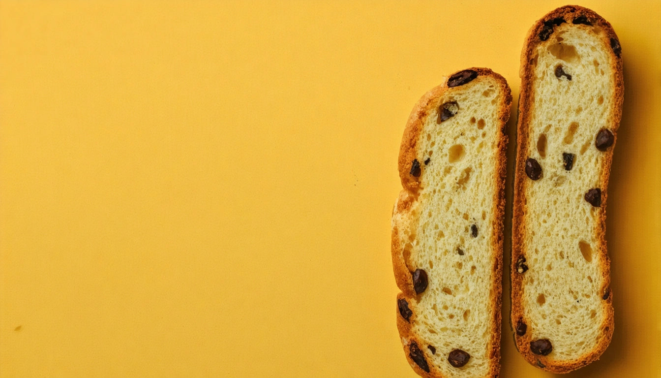Two slices of raisin bread on a yellow background, showing a light, airy texture with scattered raisins