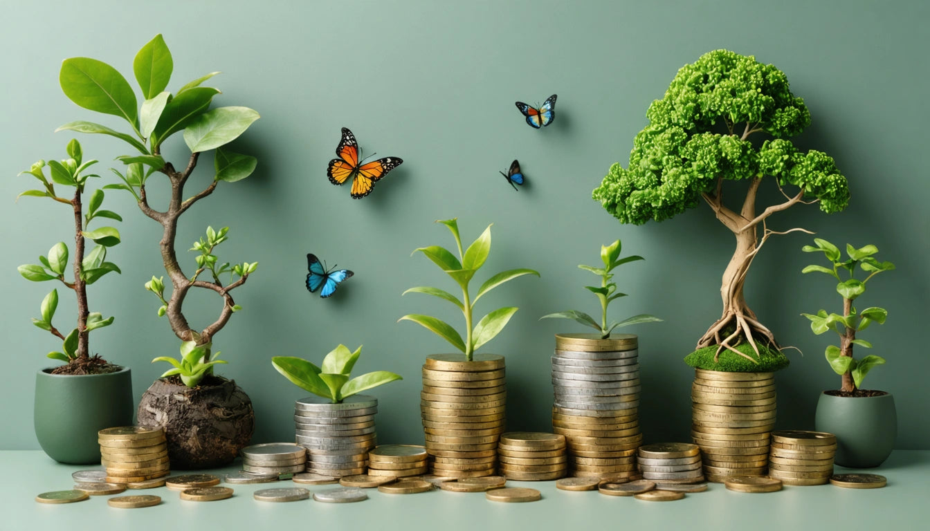 Potted plants growing from stacks of coins, with butterflies flying around, set against a green background