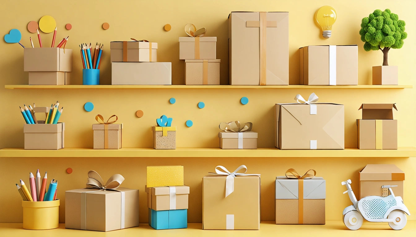 Shelves with wrapped gifts, colorful pencils in cups, a small tree, light bulb, and a toy scooter against a yellow wall