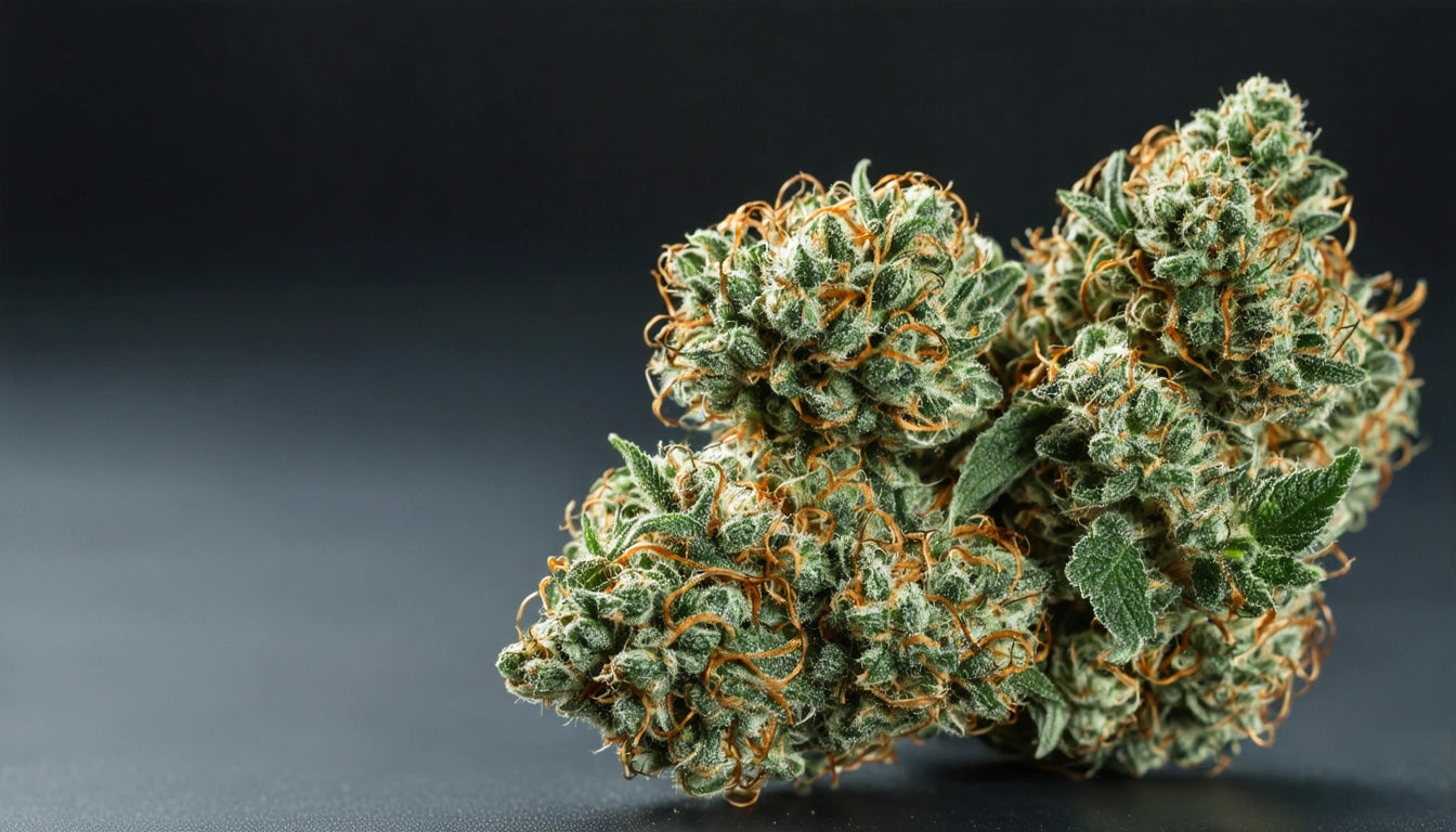 Dense clusters of green buds with orange hairs and small leaves, set against a dark background