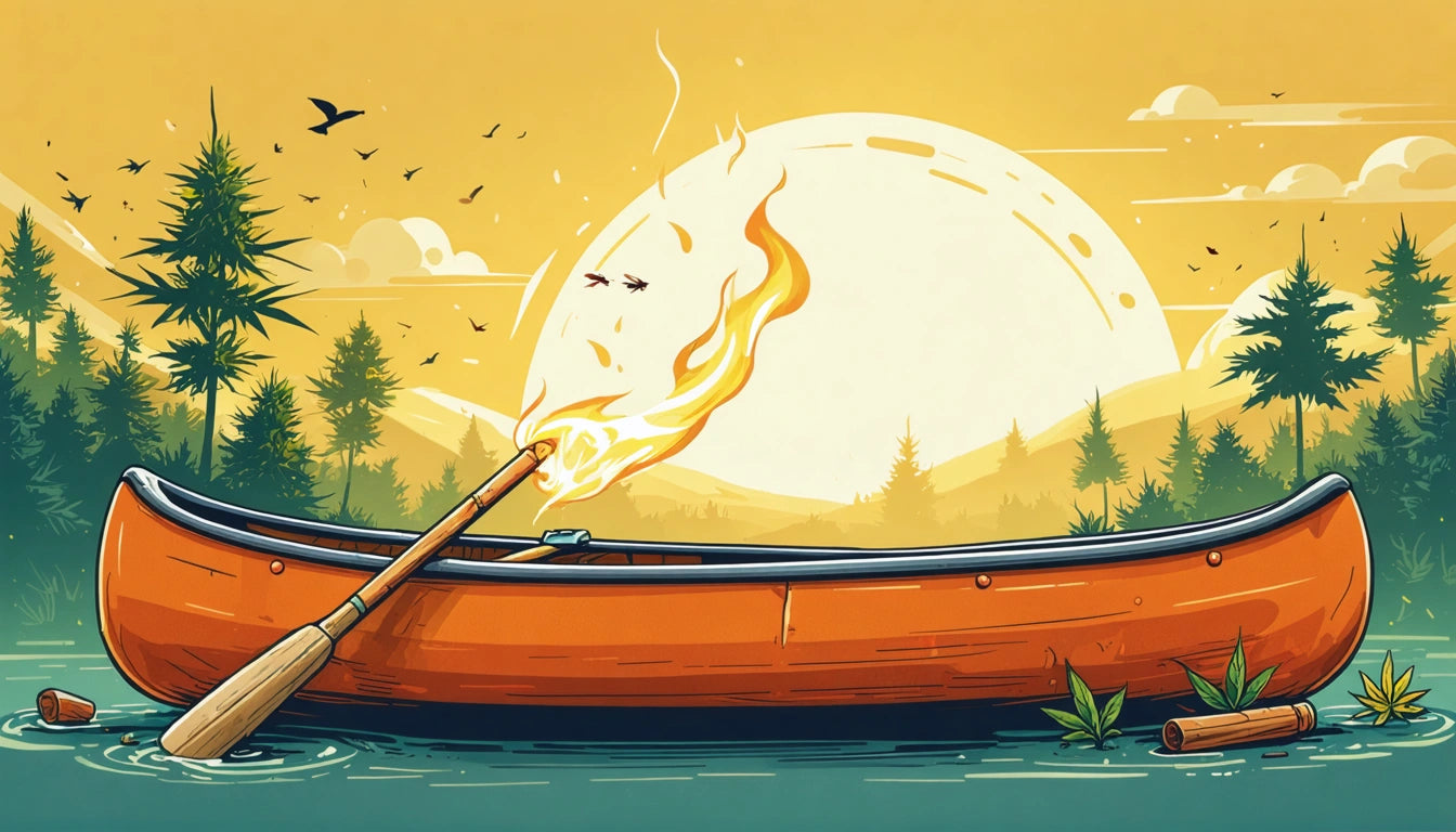 Orange canoe with a flaming paddle on a lake, surrounded by trees and birds, with a large sun setting in the background