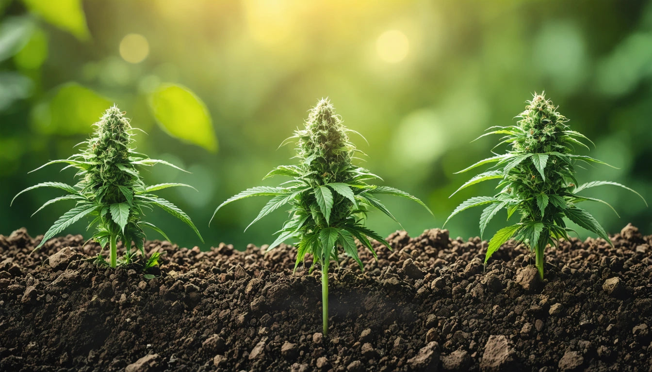 Three green plants with pointed leaves and buds growing in soil, with a blurred green and yellow background