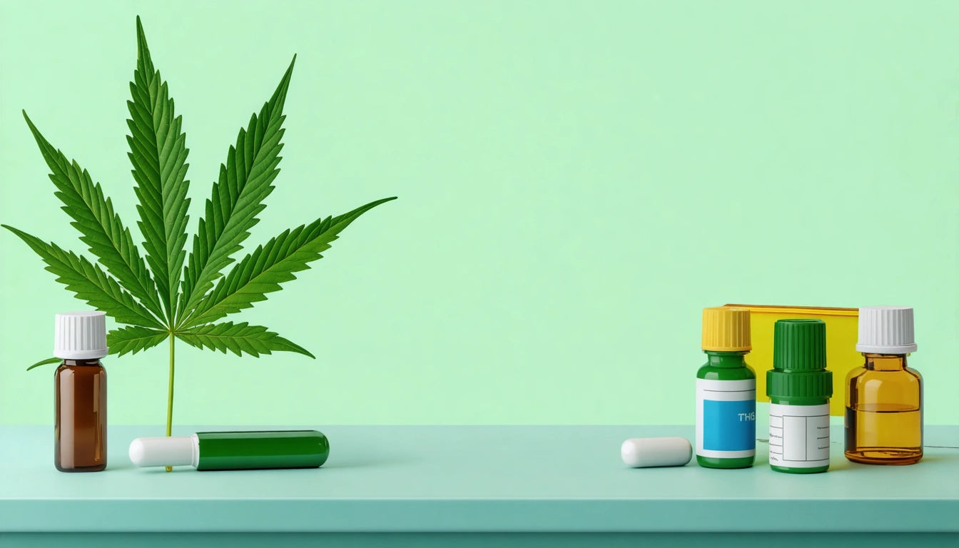 Cannabis leaf, brown dropper bottle, green and yellow pill bottles, and capsules on a light green surface