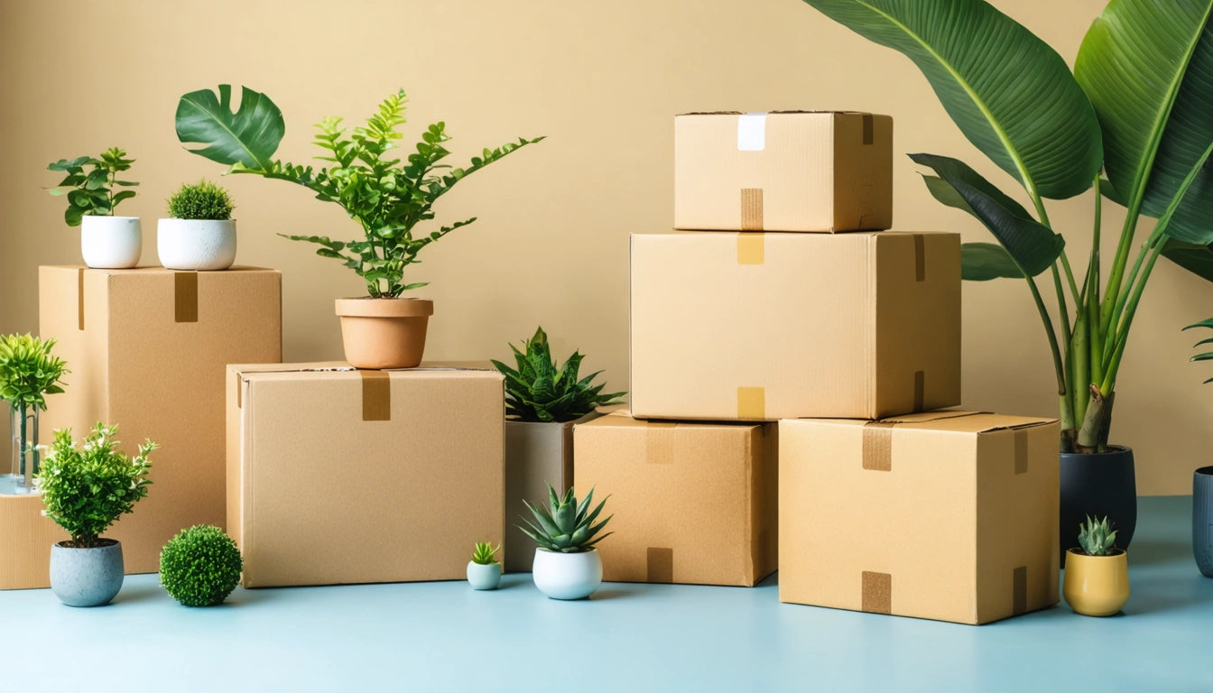 Cardboard boxes stacked among various potted plants on a light blue floor with a beige background